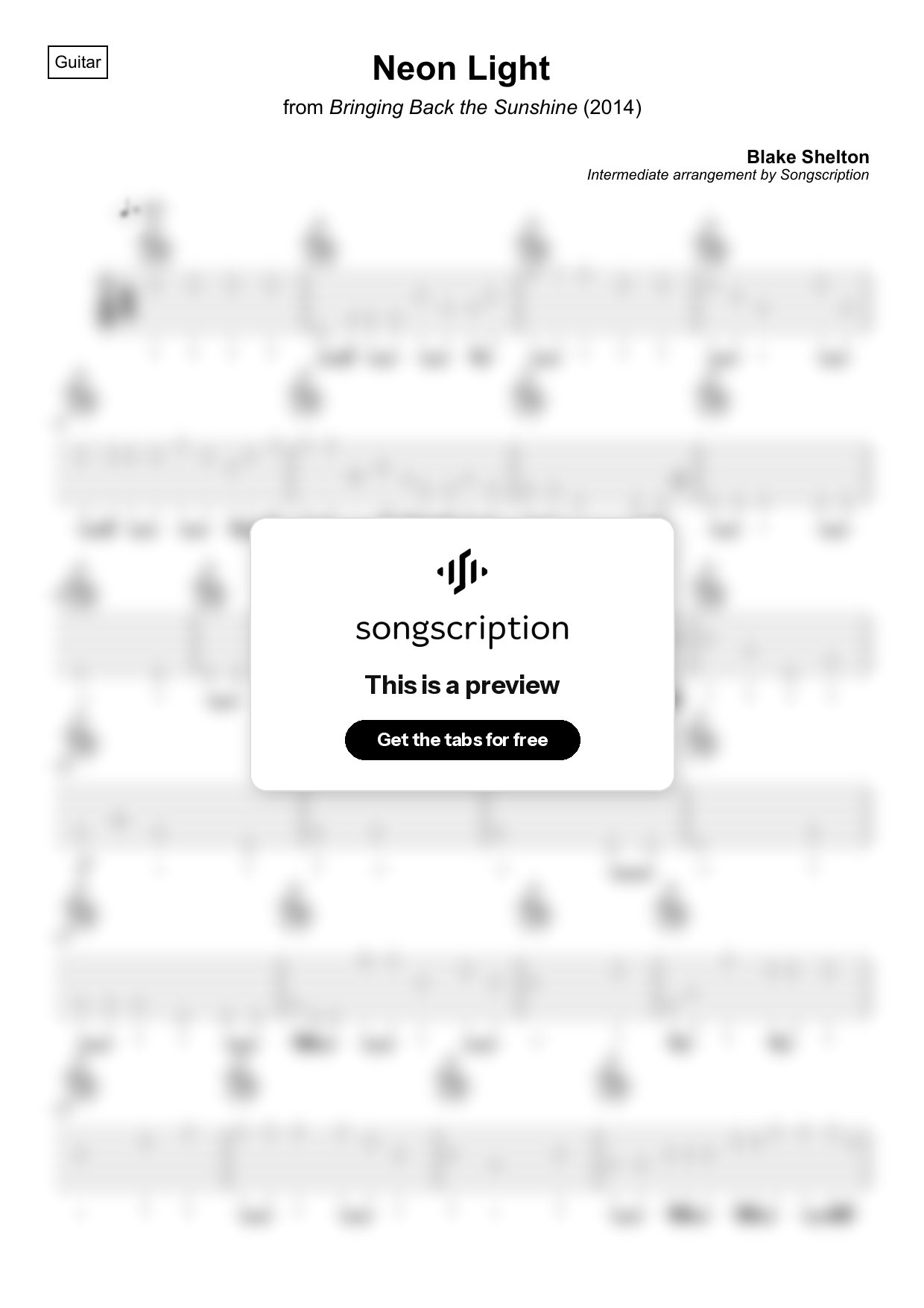 Intermediate Acoustic Guitar Tabs for "Neon Light" by Blake Shelton