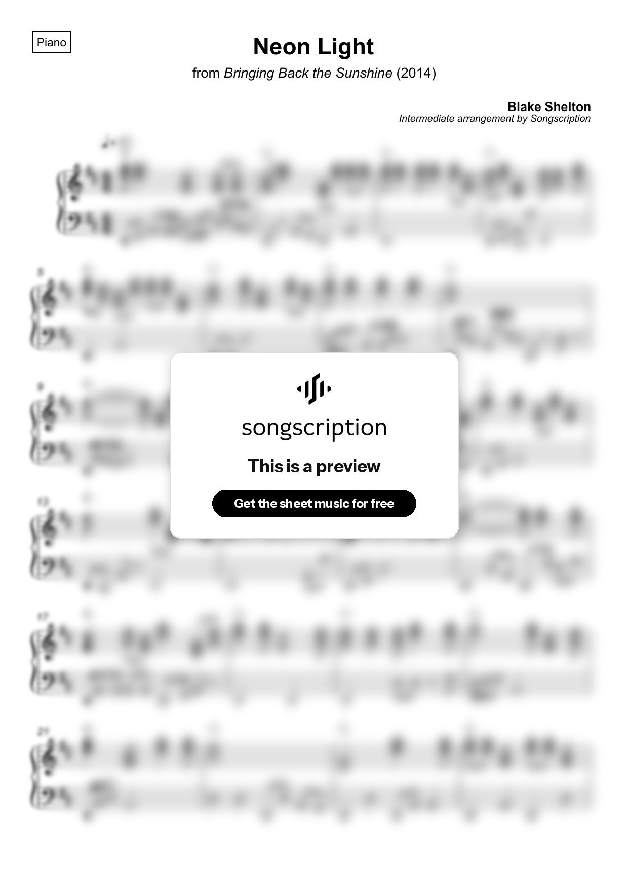 Intermediate Piano Sheet Music for "Neon Light" by Blake Shelton