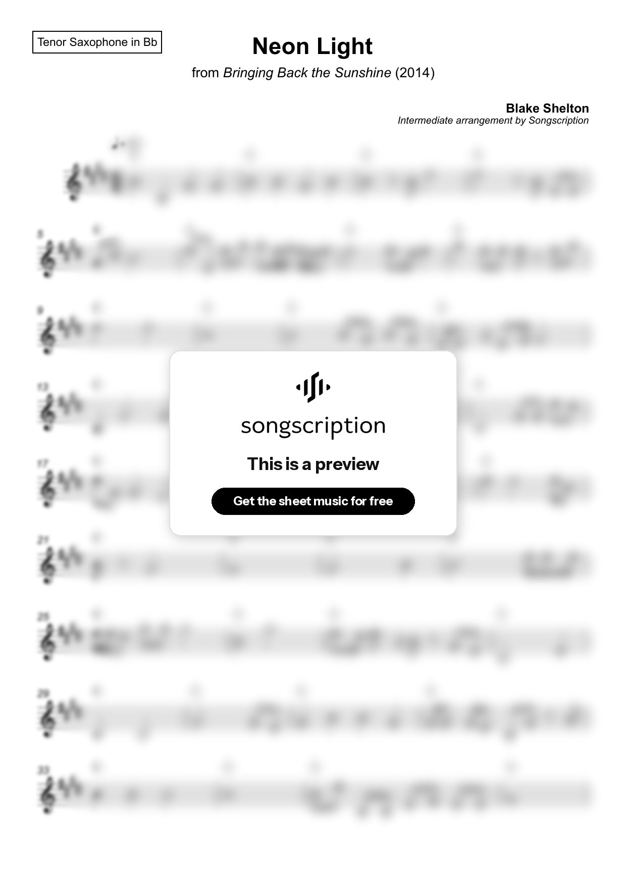 Intermediate Tenor Sax Sheet Music for "Neon Light" by Blake Shelton