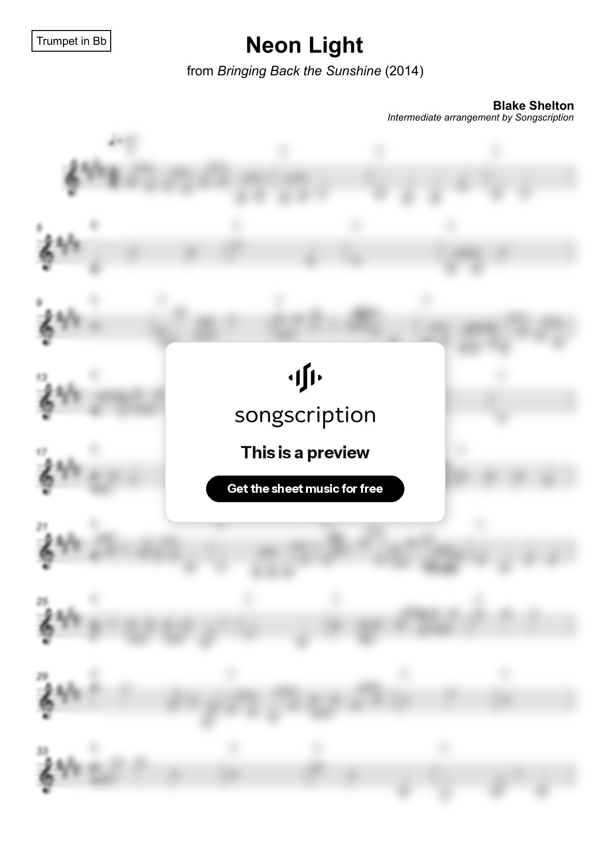Intermediate Trumpet Sheet Music for "Neon Light" by Blake Shelton