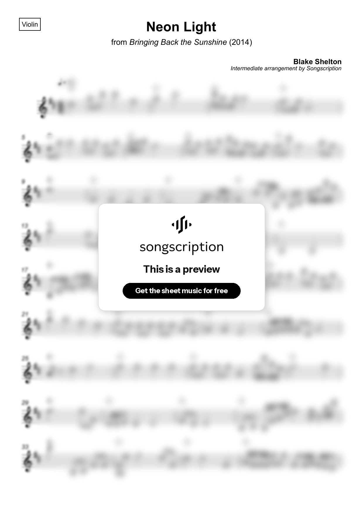 Intermediate Violin Sheet Music for "Neon Light" by Blake Shelton