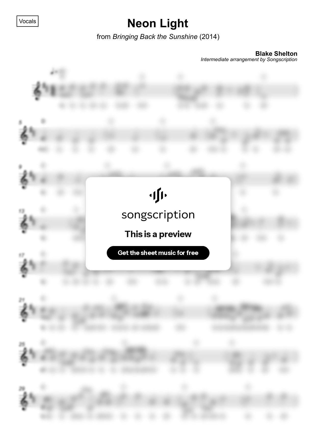 Intermediate Vocals Sheet Music for "Neon Light" by Blake Shelton