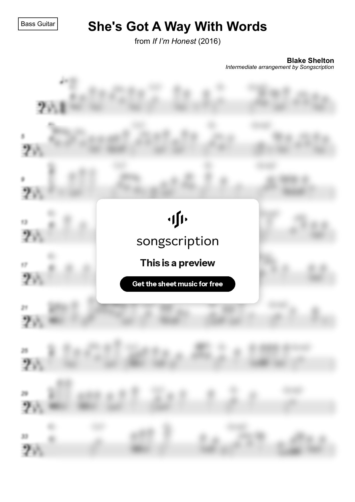 Intermediate Bass Guitar Sheet Music for "She's Got A Way With Words" by Blake Shelton