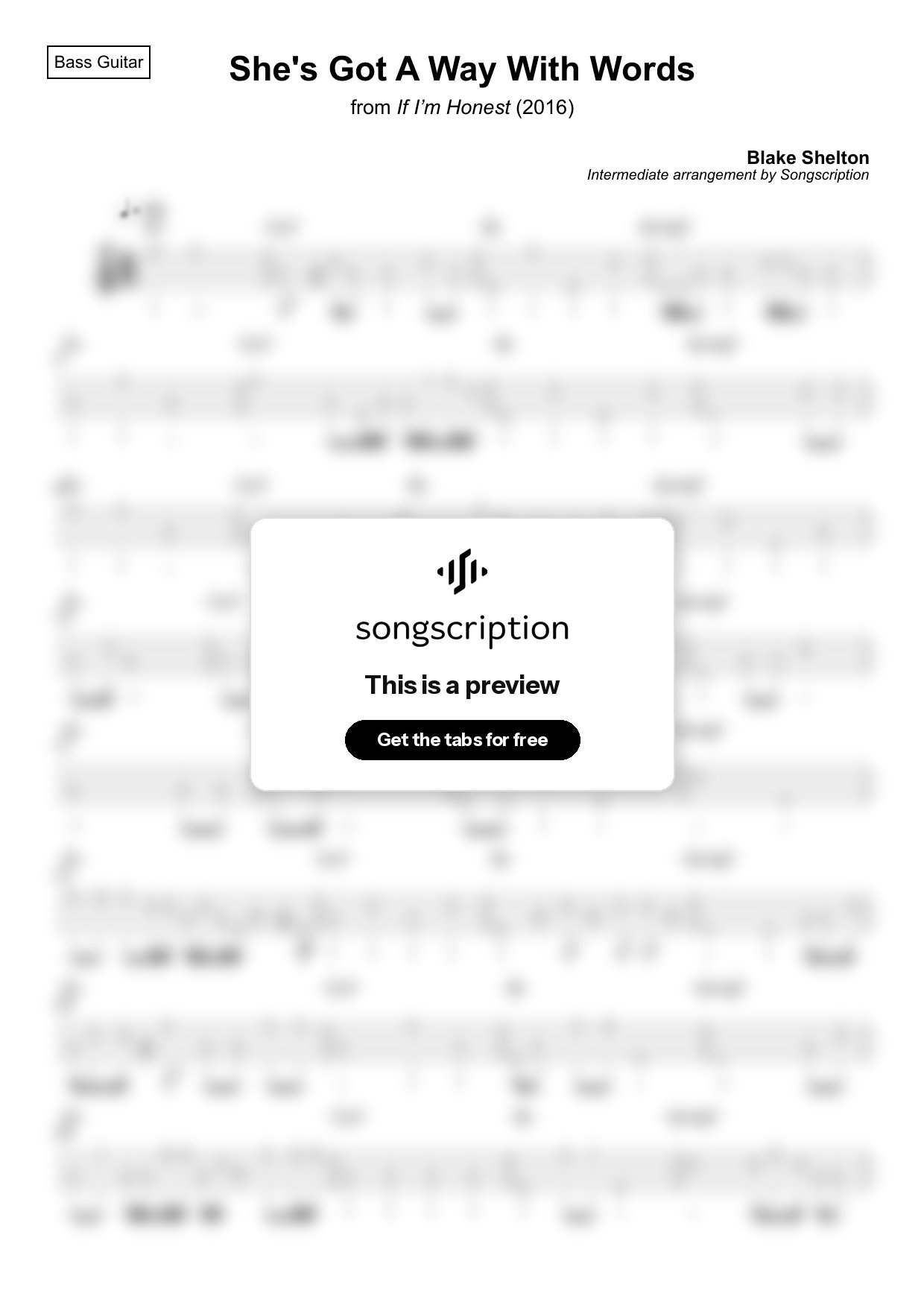 Intermediate Bass Guitar Tabs for "She's Got A Way With Words" by Blake Shelton