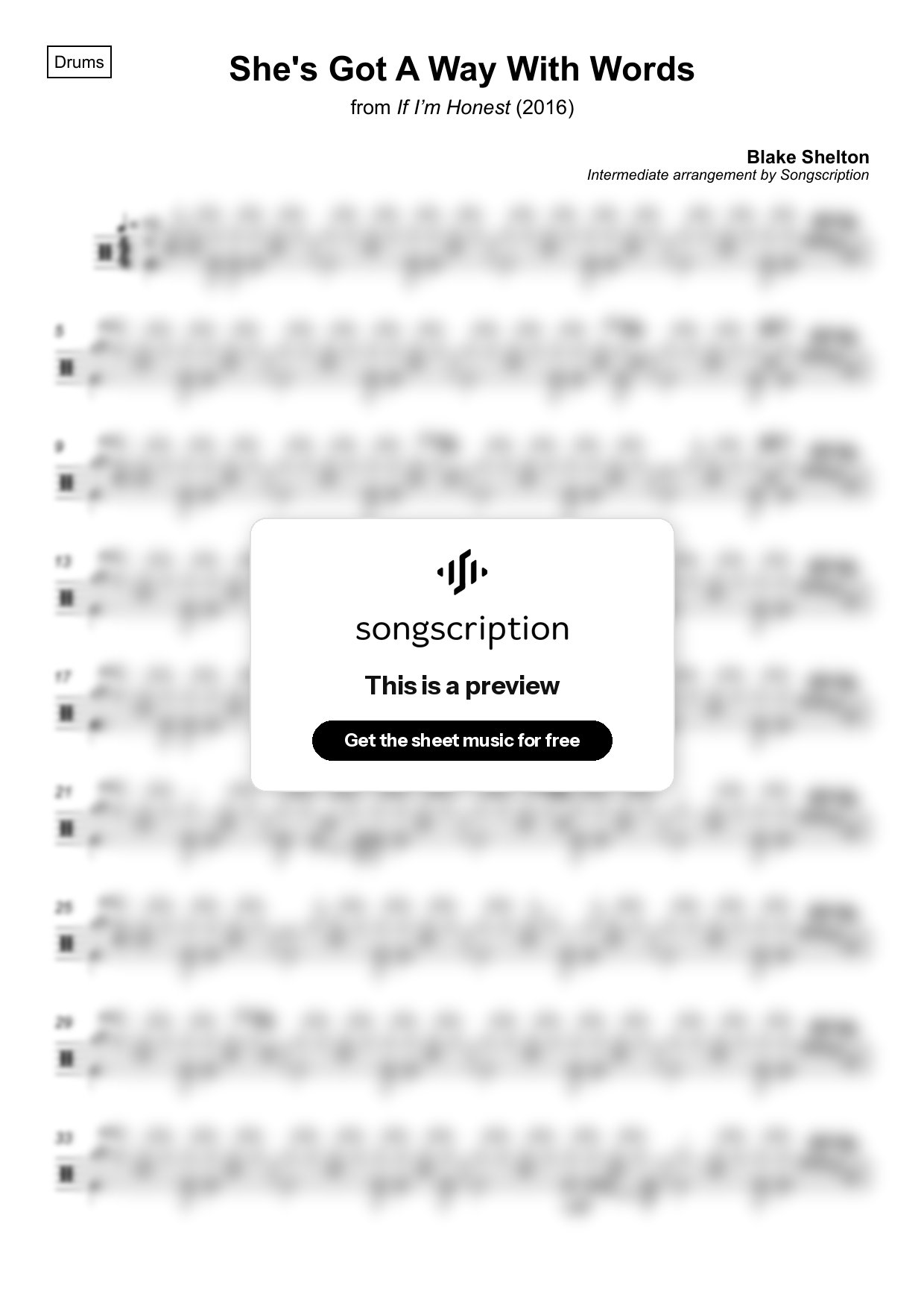 Intermediate Drums Sheet Music for "She's Got A Way With Words" by Blake Shelton