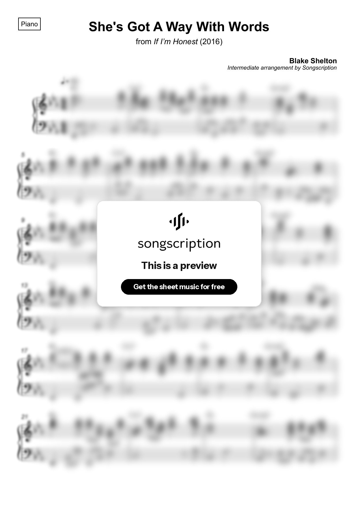 Intermediate Piano Sheet Music for "She's Got A Way With Words" by Blake Shelton