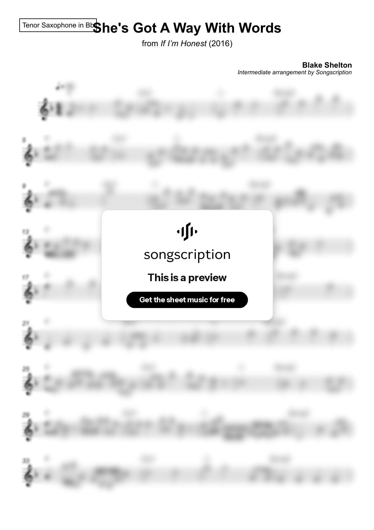 Intermediate Tenor Sax Sheet Music for "She's Got A Way With Words" by Blake Shelton