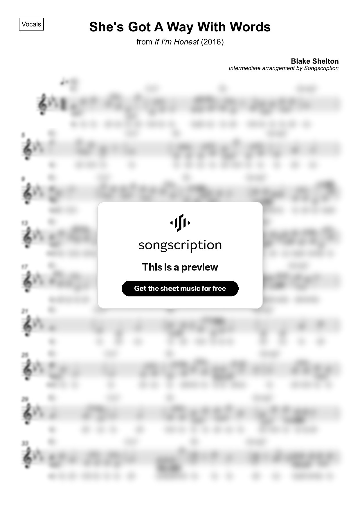 Intermediate Vocals Sheet Music for "She's Got A Way With Words" by Blake Shelton