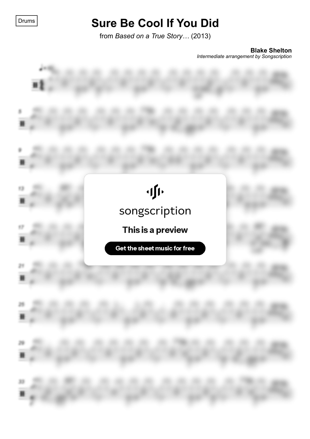 Intermediate Drums Sheet Music for "Sure Be Cool If You Did" by Blake Shelton