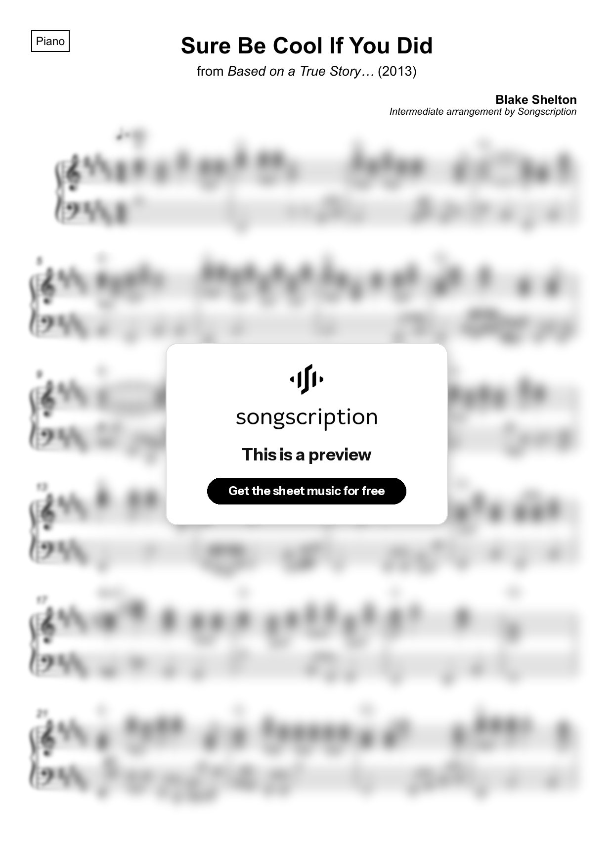 Intermediate Piano Sheet Music for "Sure Be Cool If You Did" by Blake Shelton