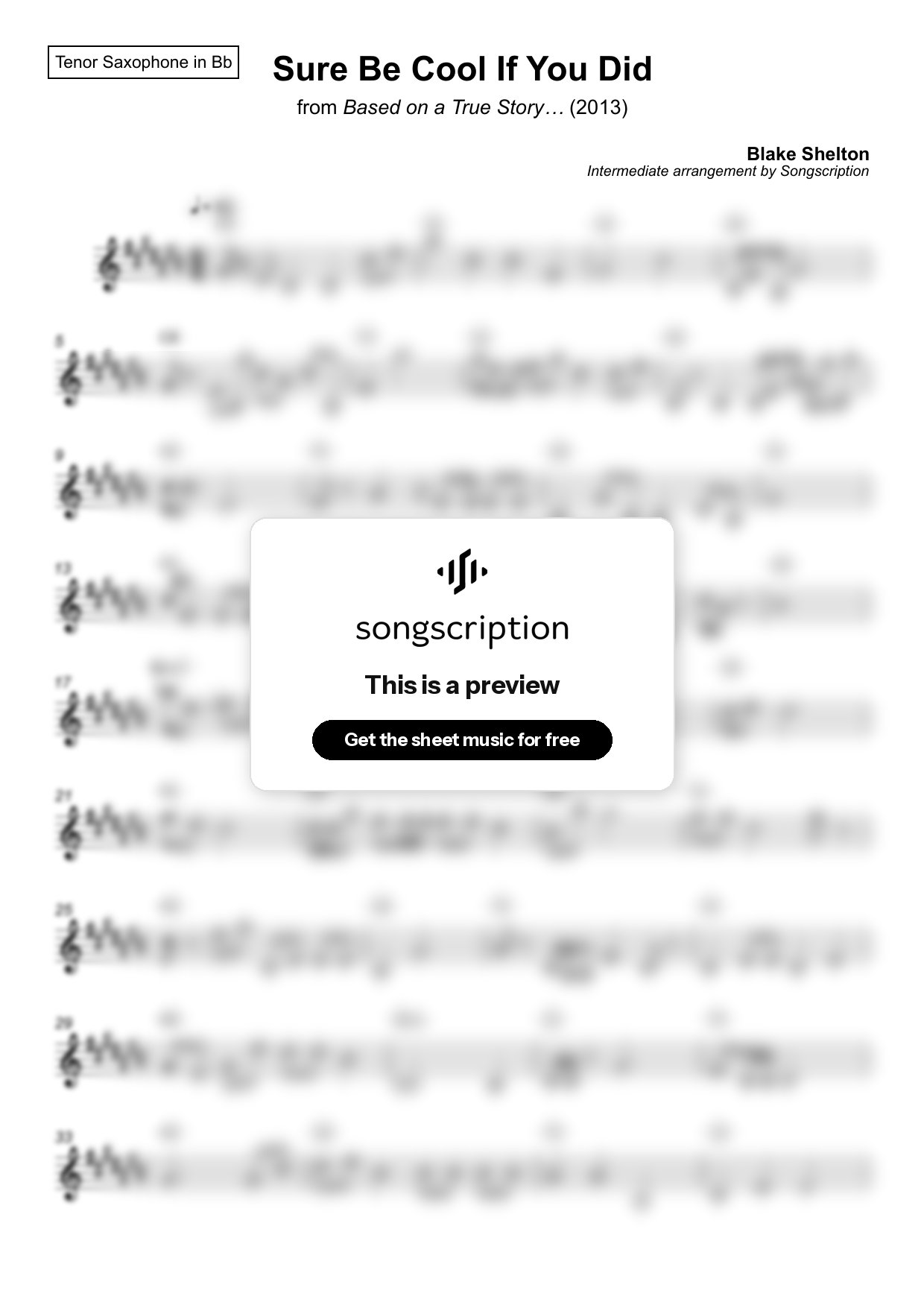 Intermediate Tenor Sax Sheet Music for "Sure Be Cool If You Did" by Blake Shelton