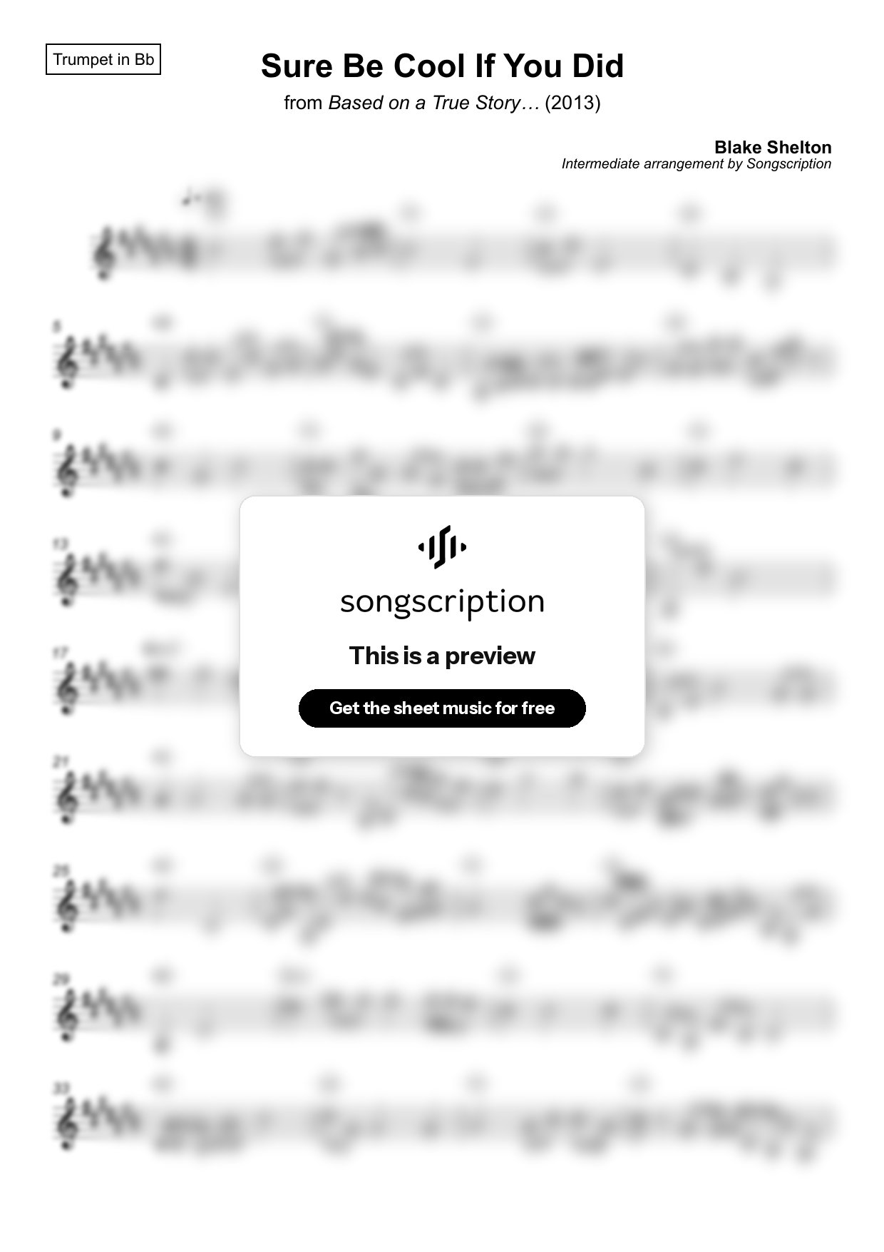 Intermediate Trumpet Sheet Music for "Sure Be Cool If You Did" by Blake Shelton