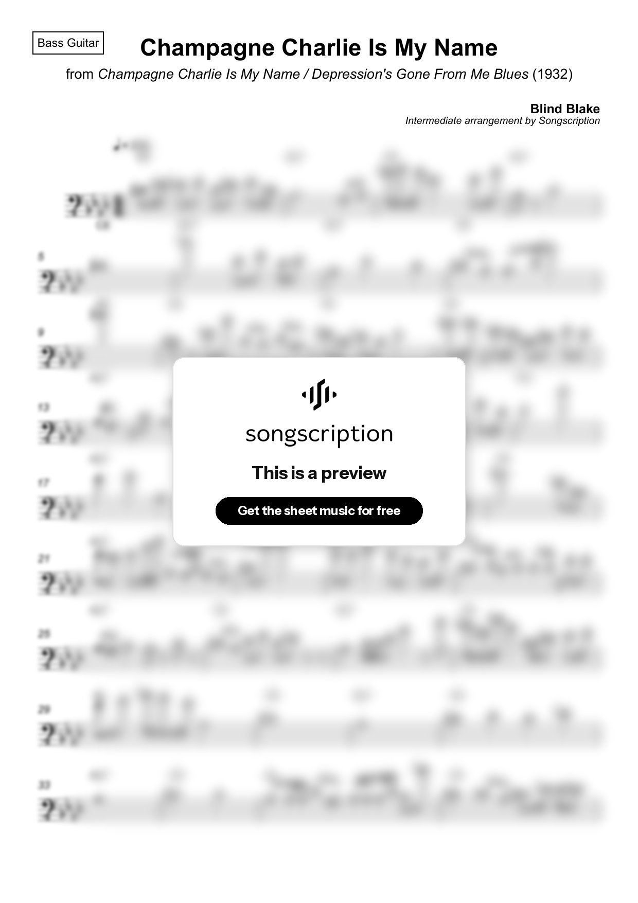 Intermediate Bass Guitar Sheet Music for "Champagne Charlie Is My Name" by Blind Blake