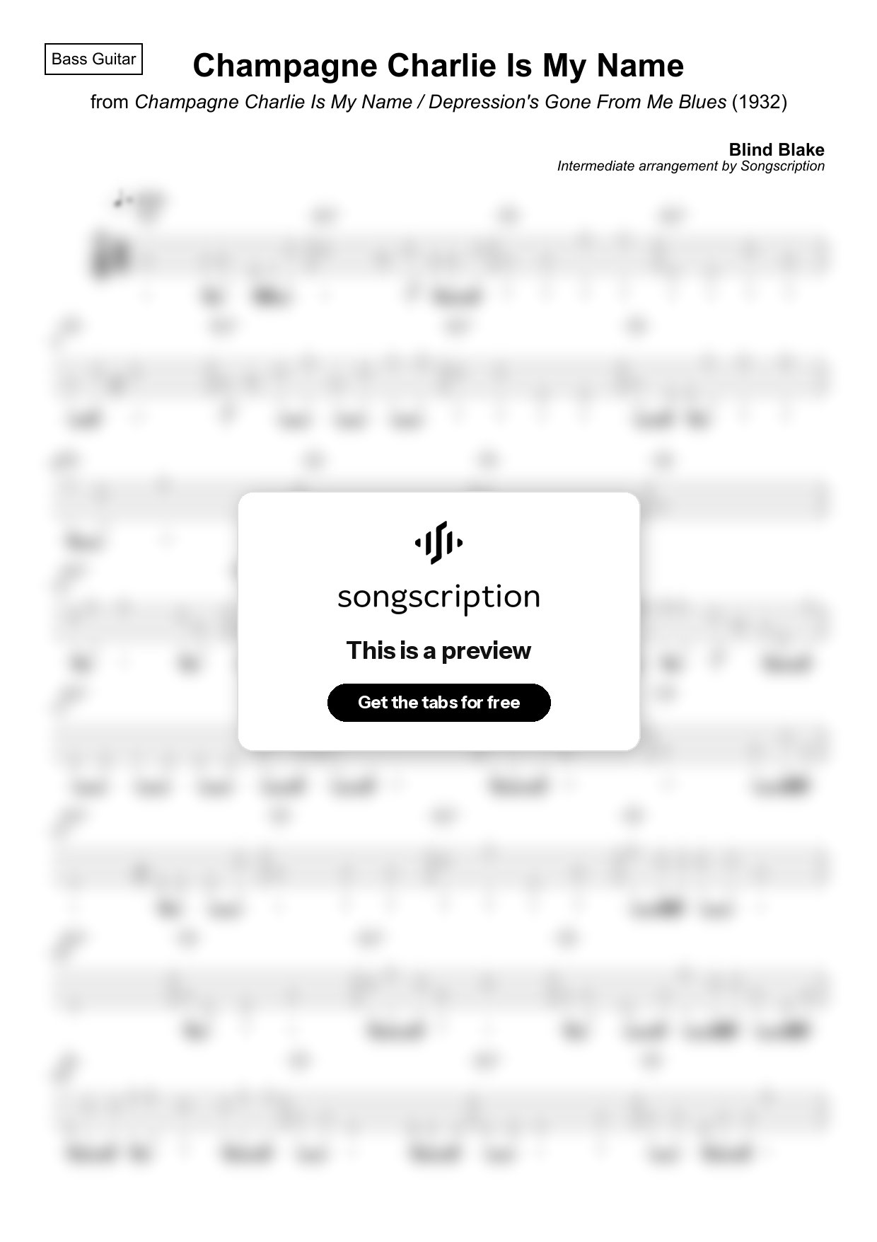 Intermediate Bass Guitar Tabs for "Champagne Charlie Is My Name" by Blind Blake