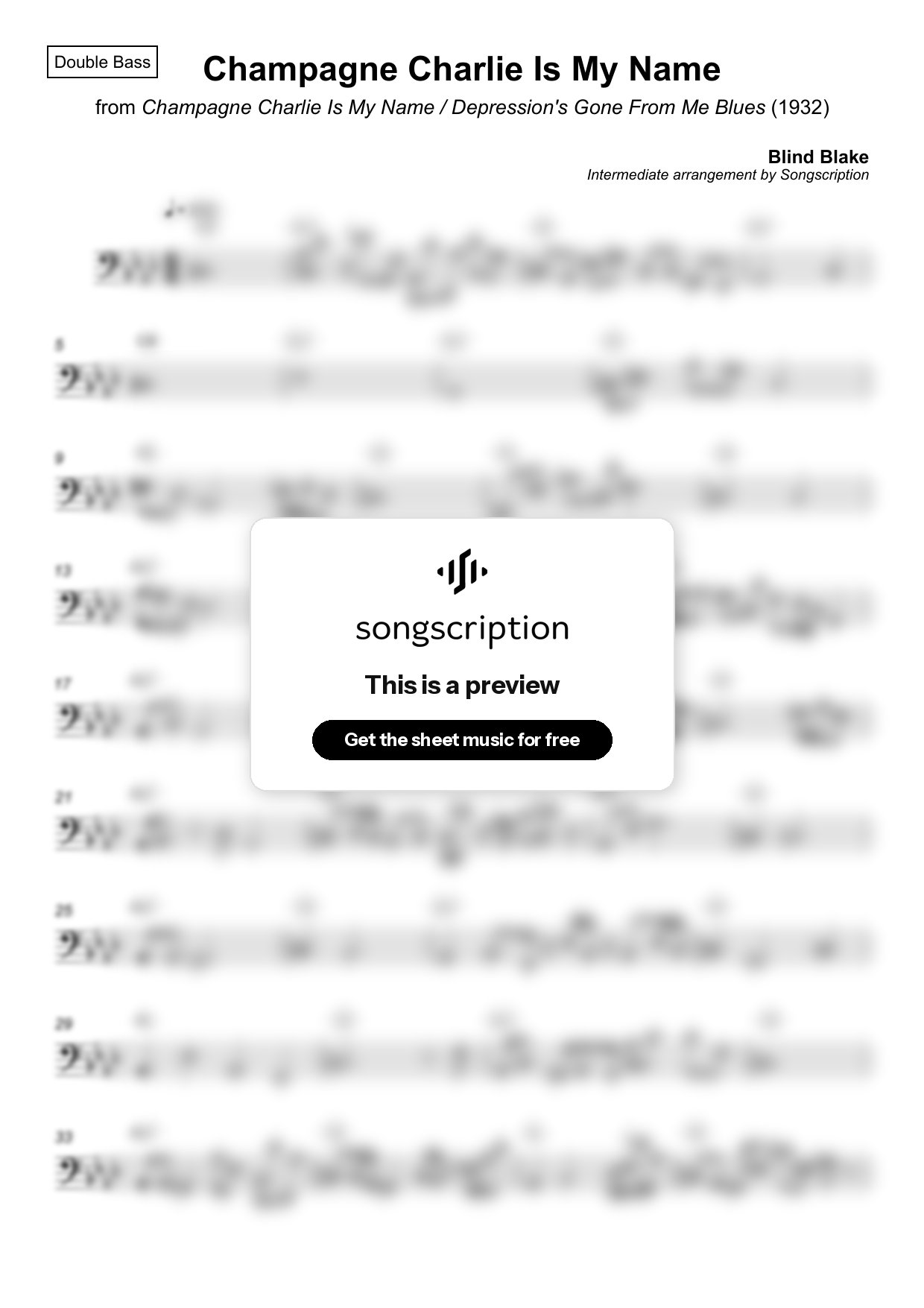 Intermediate Double Bass Sheet Music for "Champagne Charlie Is My Name" by Blind Blake