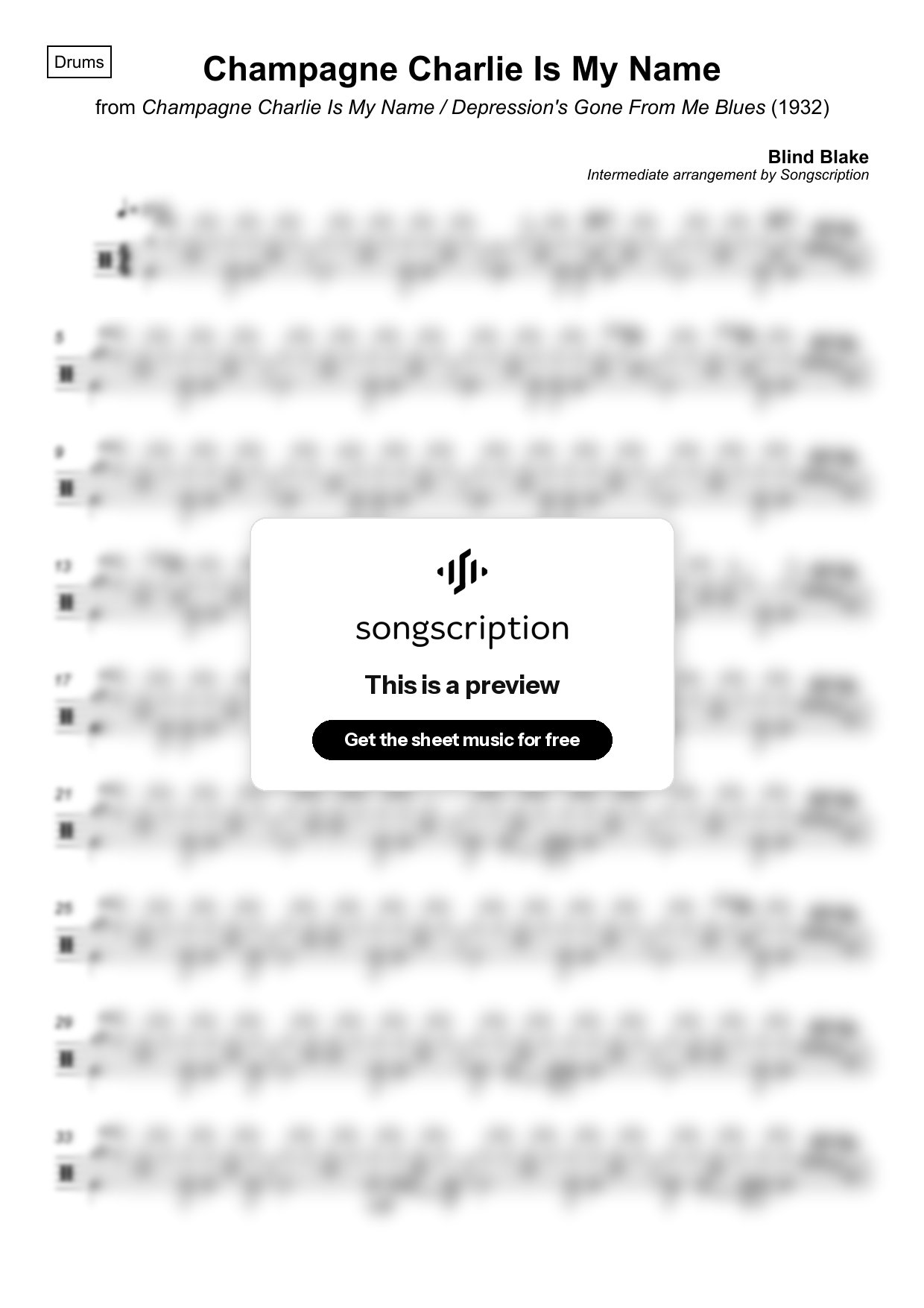 Intermediate Drums Sheet Music for "Champagne Charlie Is My Name" by Blind Blake
