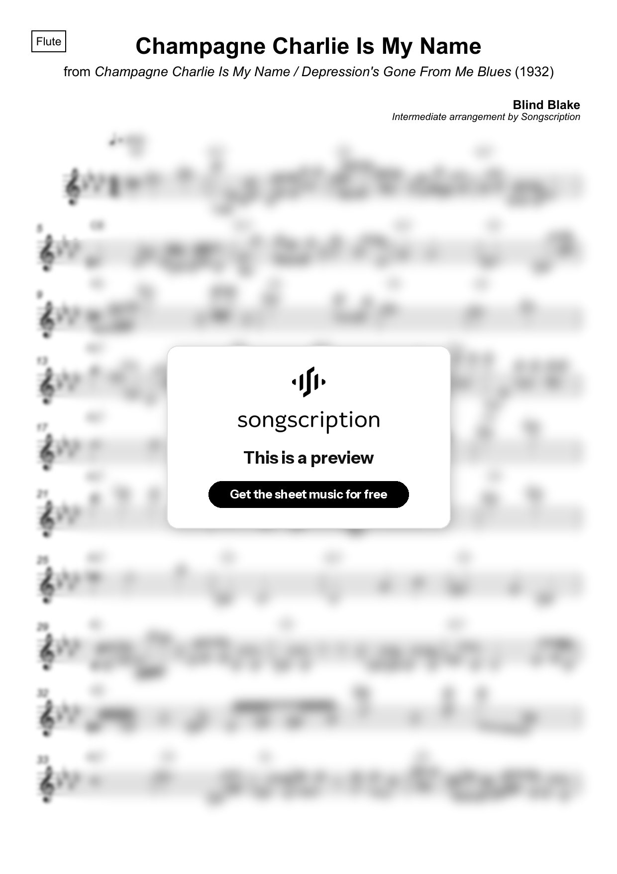 Intermediate Flute Sheet Music for "Champagne Charlie Is My Name" by Blind Blake