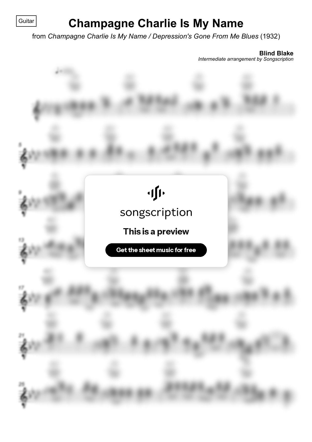 Intermediate Acoustic Guitar Sheet Music for "Champagne Charlie Is My Name" by Blind Blake