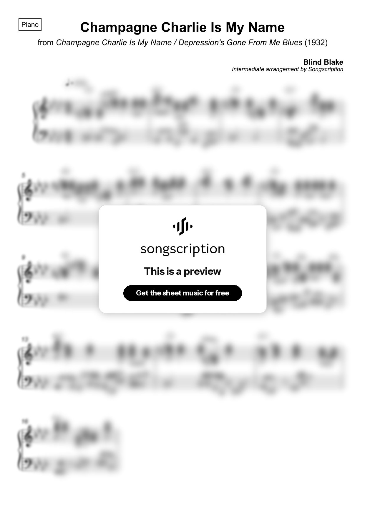 Intermediate Piano Sheet Music for "Champagne Charlie Is My Name" by Blind Blake