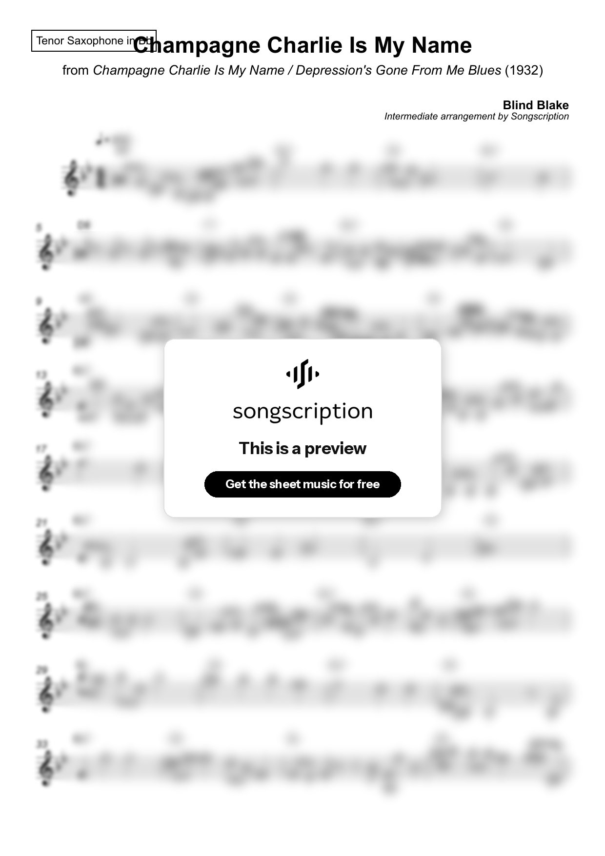 Intermediate Tenor Sax Sheet Music for "Champagne Charlie Is My Name" by Blind Blake
