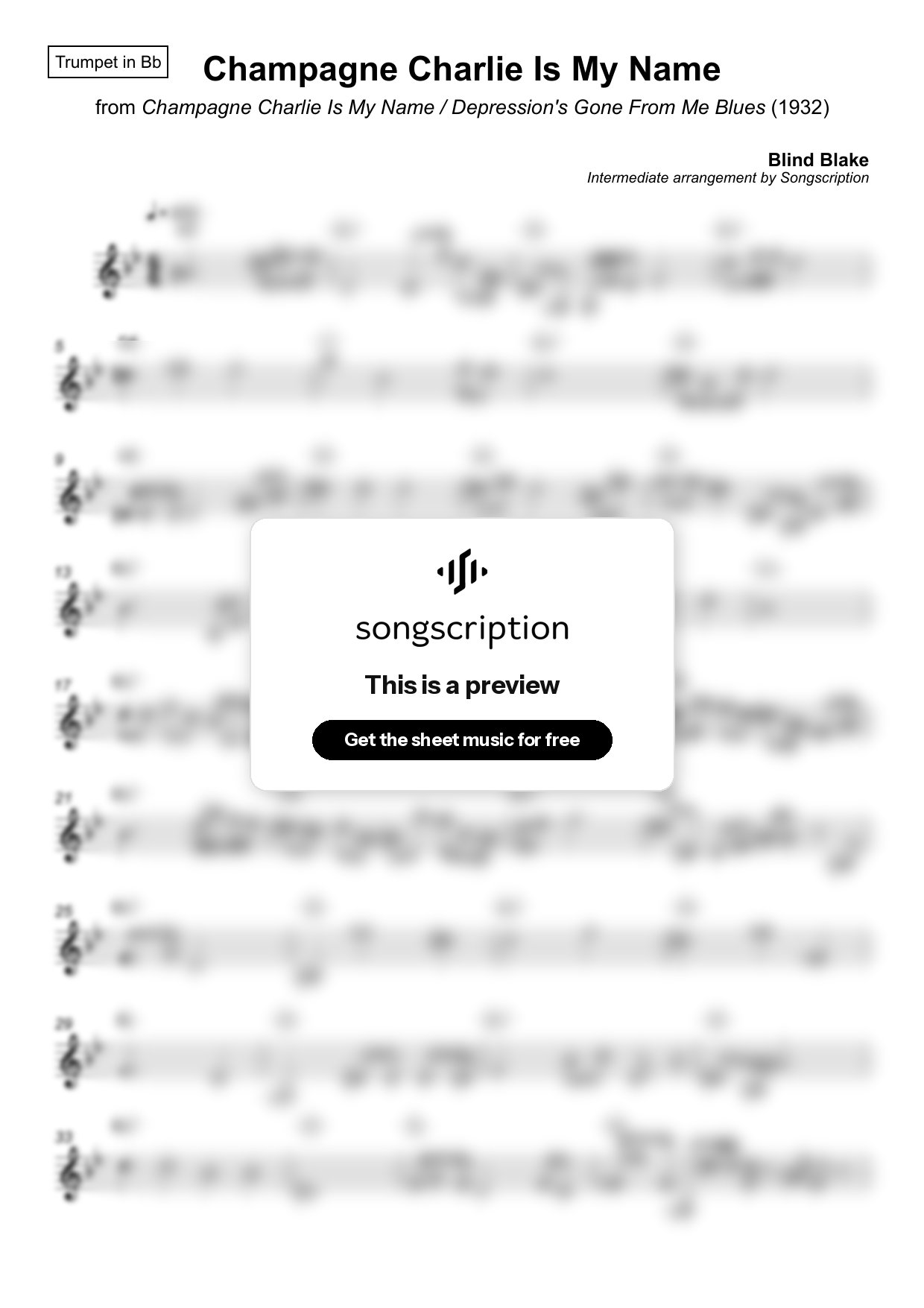 Intermediate Trumpet Sheet Music for "Champagne Charlie Is My Name" by Blind Blake