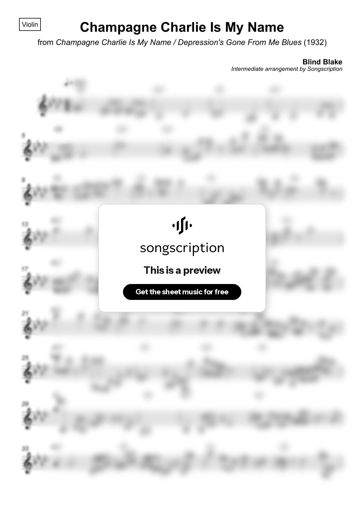 Intermediate Violin Sheet Music for "Champagne Charlie Is My Name" by Blind Blake