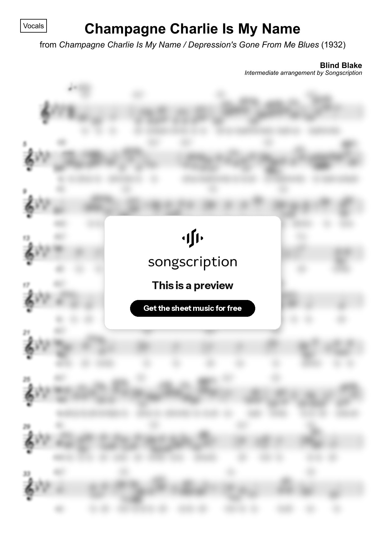 Intermediate Vocals Sheet Music for "Champagne Charlie Is My Name" by Blind Blake