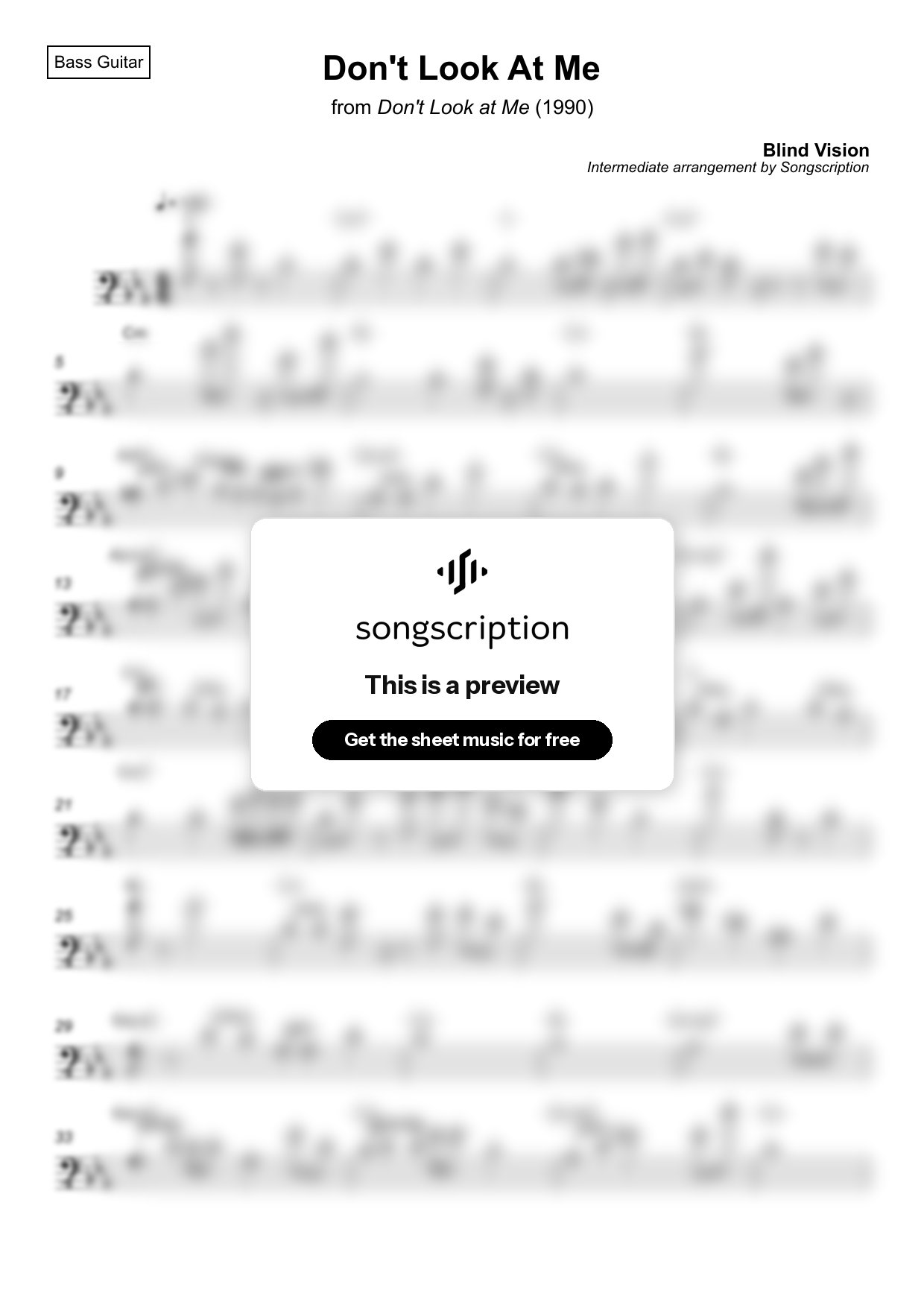 Intermediate Bass Guitar Sheet Music for "Don't Look At Me" by Blind Vision