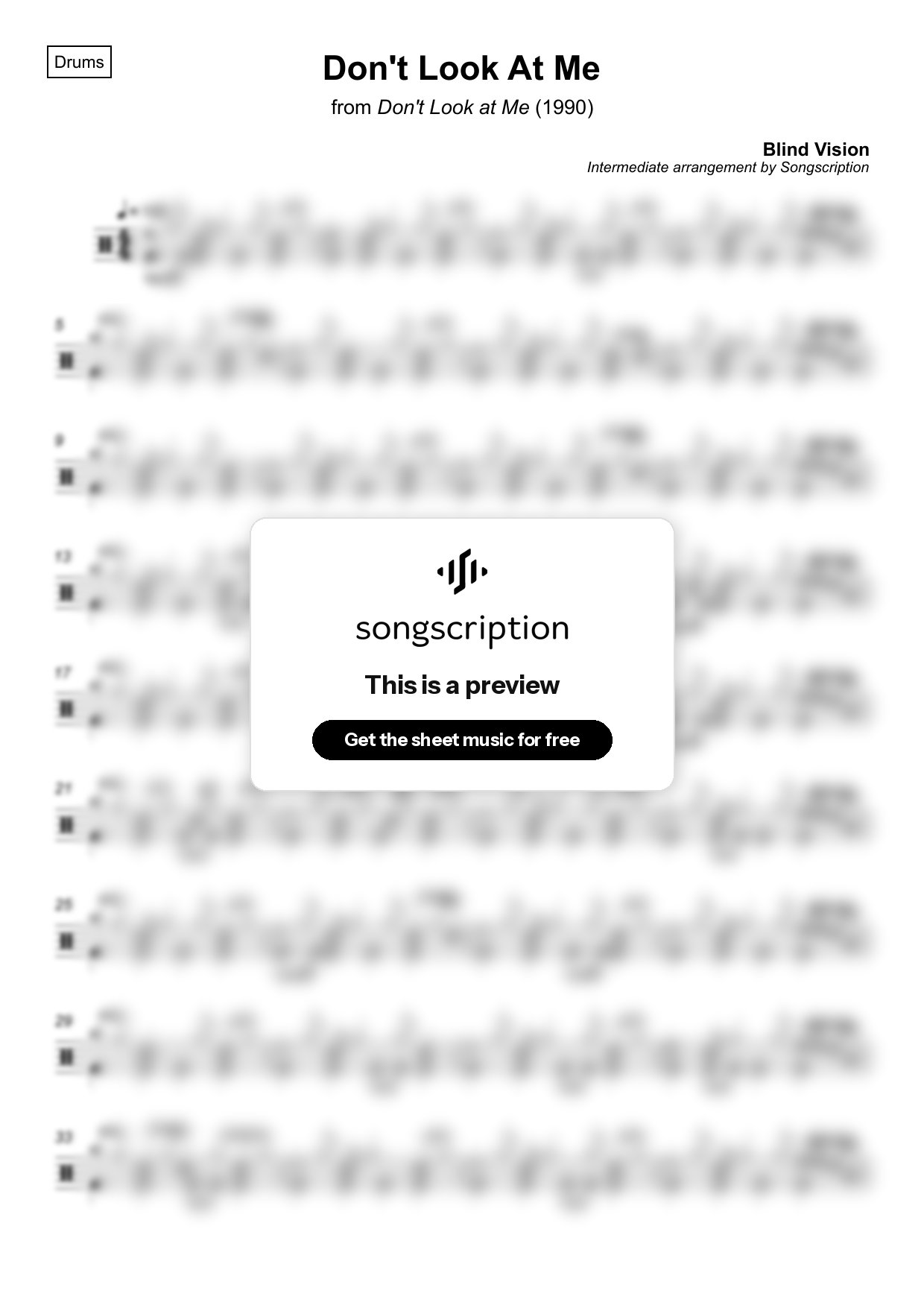 Intermediate Drums Sheet Music for "Don't Look At Me" by Blind Vision