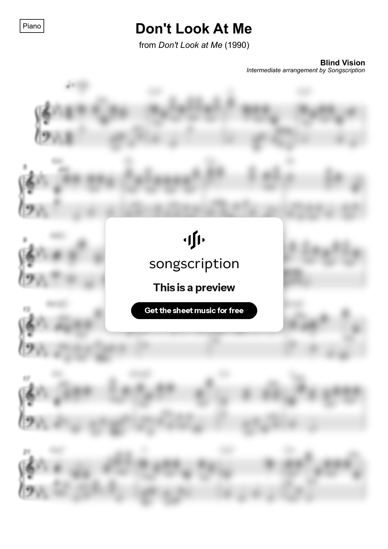 Intermediate Piano Sheet Music for "Don't Look At Me" by Blind Vision
