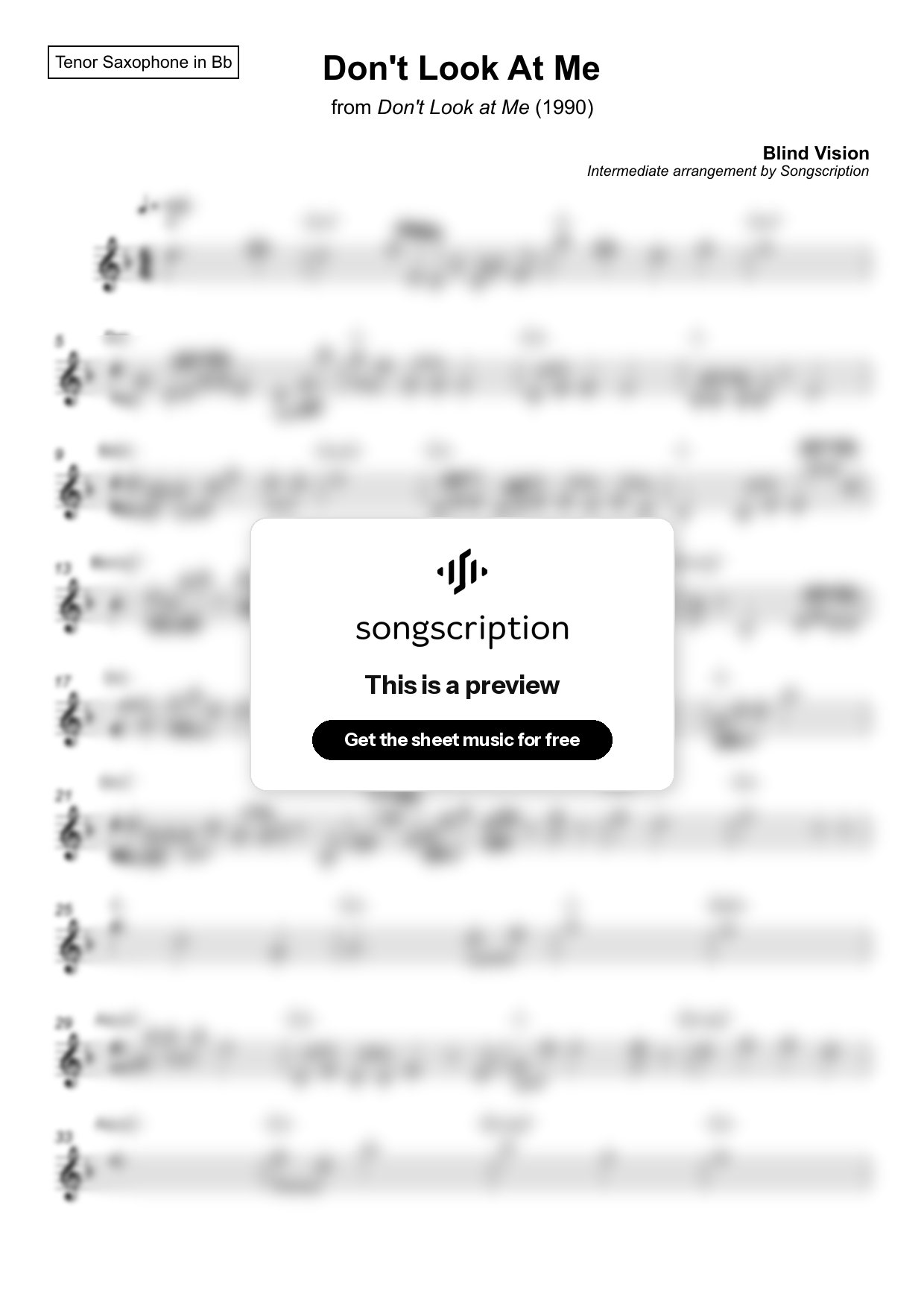 Intermediate Tenor Sax Sheet Music for "Don't Look At Me" by Blind Vision