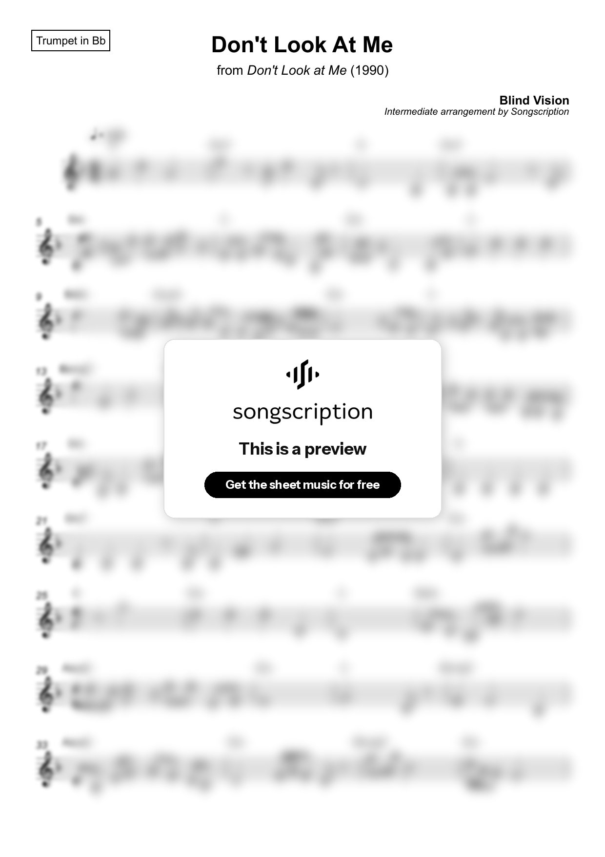 Intermediate Trumpet Sheet Music for "Don't Look At Me" by Blind Vision