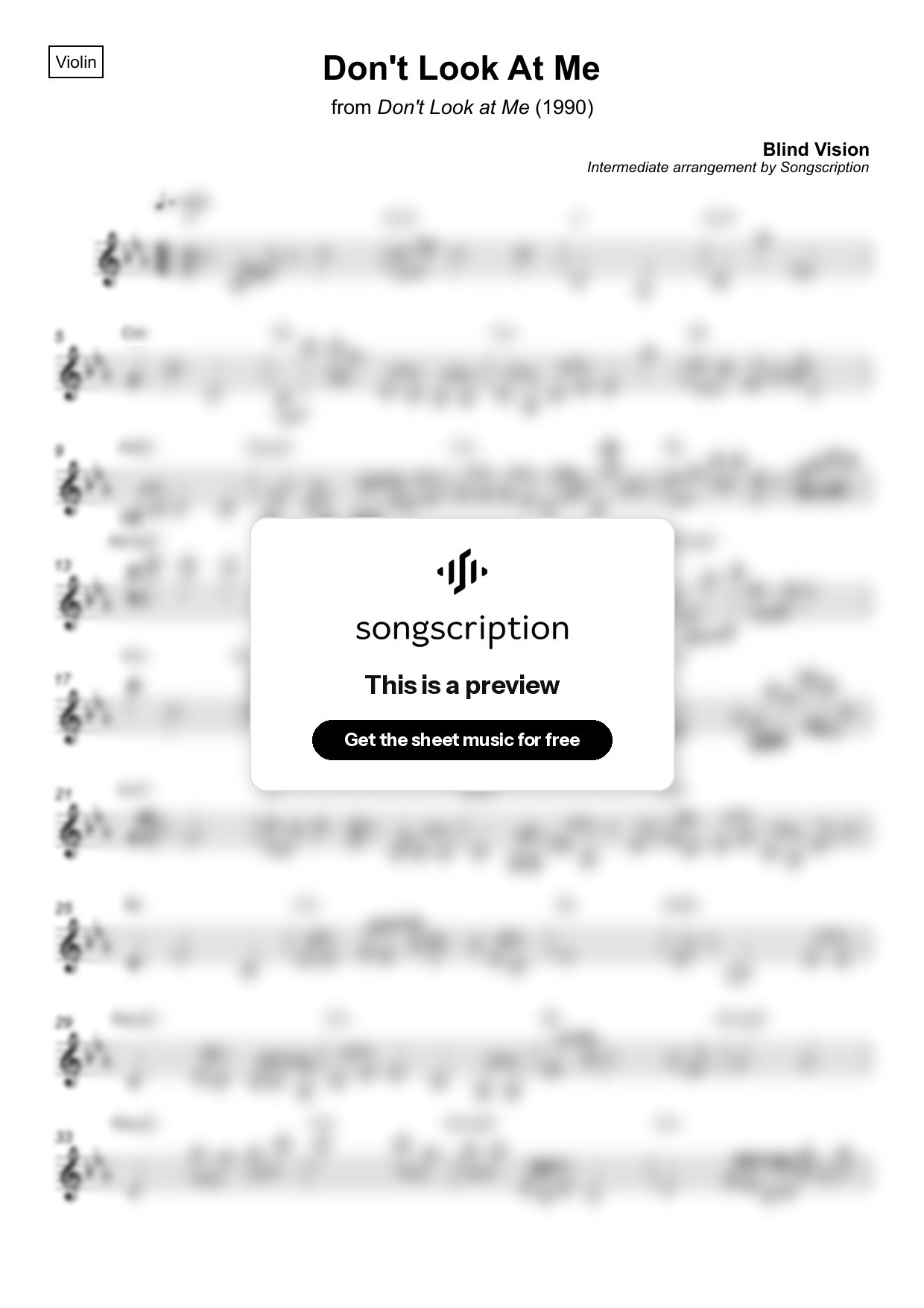 Intermediate Violin Sheet Music for "Don't Look At Me" by Blind Vision