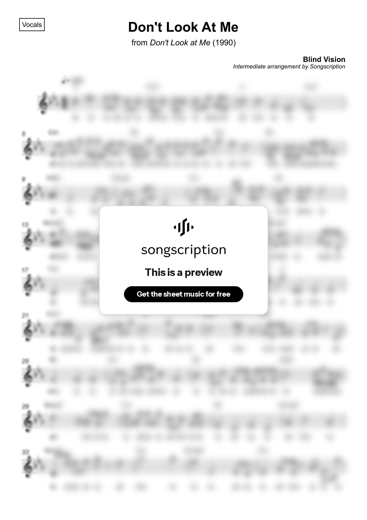 Intermediate Vocals Sheet Music for "Don't Look At Me" by Blind Vision