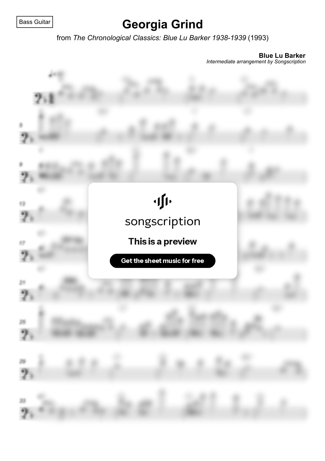 Intermediate Bass Guitar Sheet Music for "Georgia Grind" by Blue Lu Barker