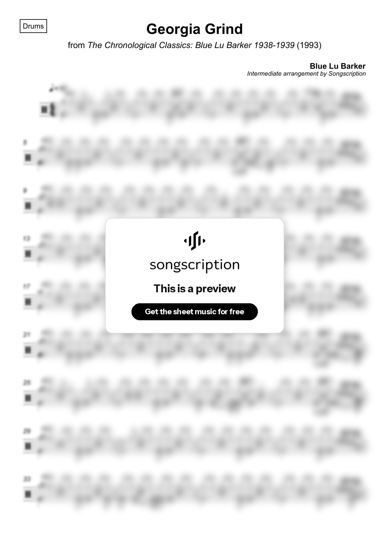 Intermediate Drums Sheet Music for "Georgia Grind" by Blue Lu Barker