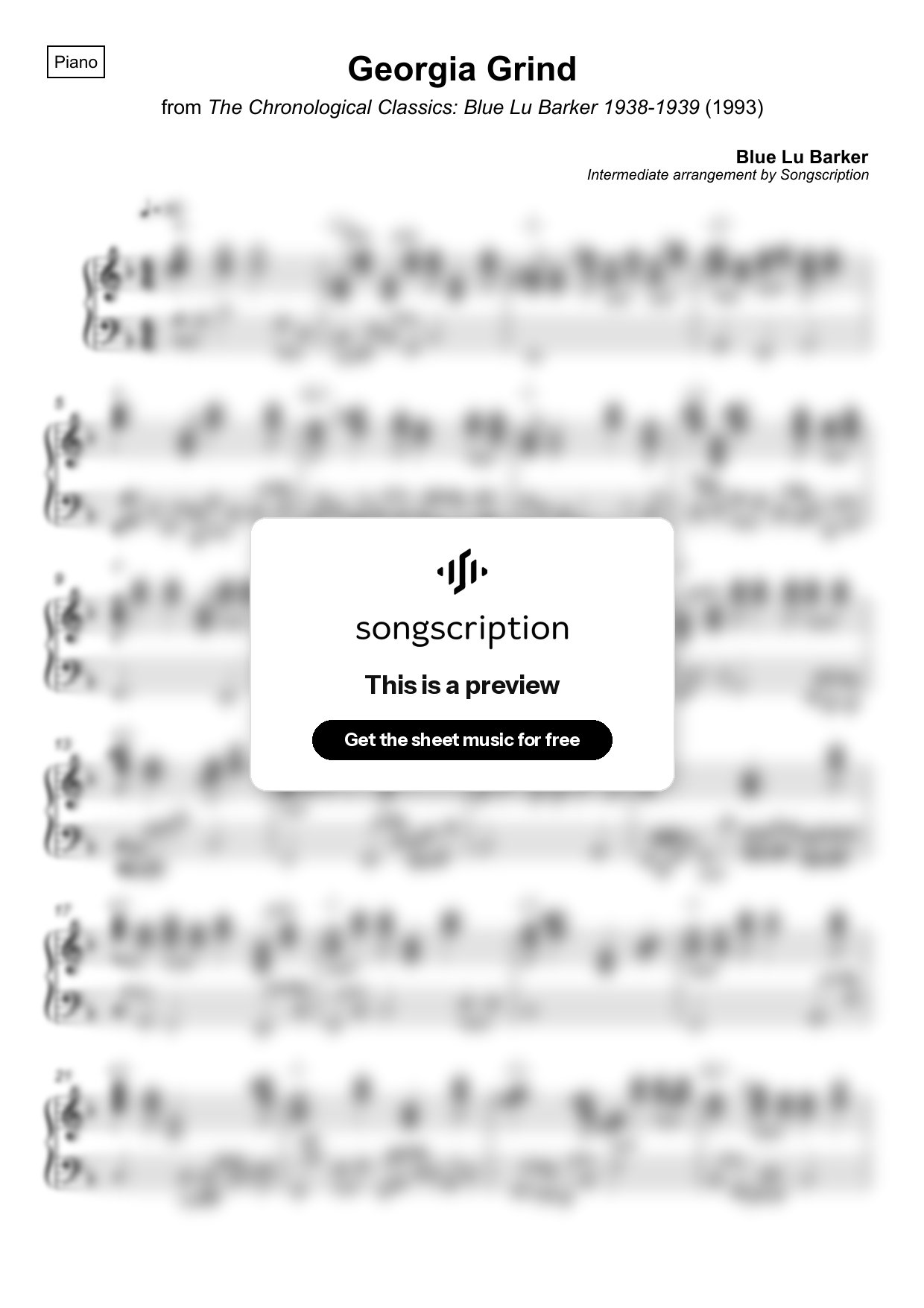 Intermediate Piano Sheet Music for "Georgia Grind" by Blue Lu Barker