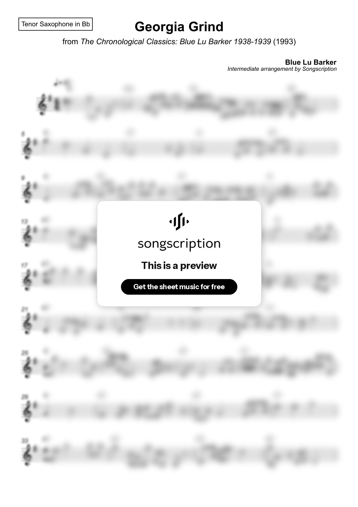 Intermediate Tenor Sax Sheet Music for "Georgia Grind" by Blue Lu Barker