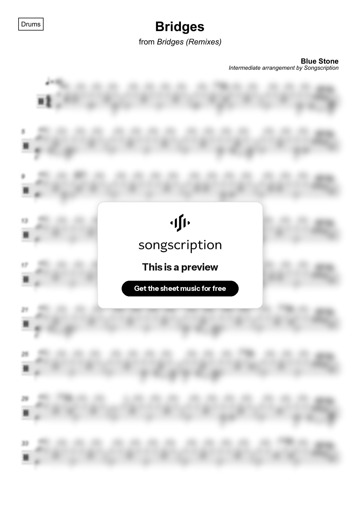 Intermediate Drums Sheet Music for "Bridges" by Blue Stone