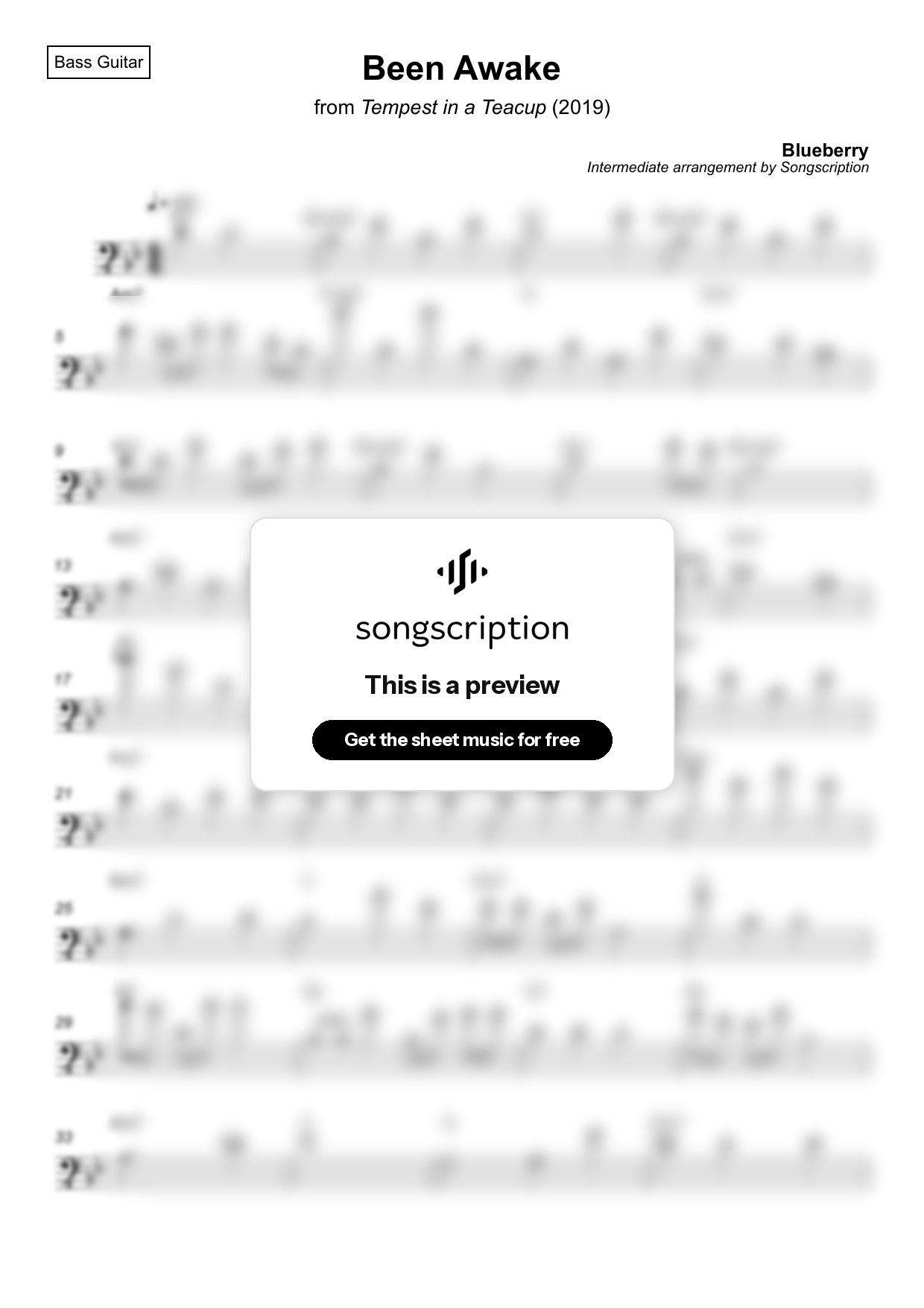 Intermediate Bass Guitar Sheet Music for "Been Awake" by Blueberry