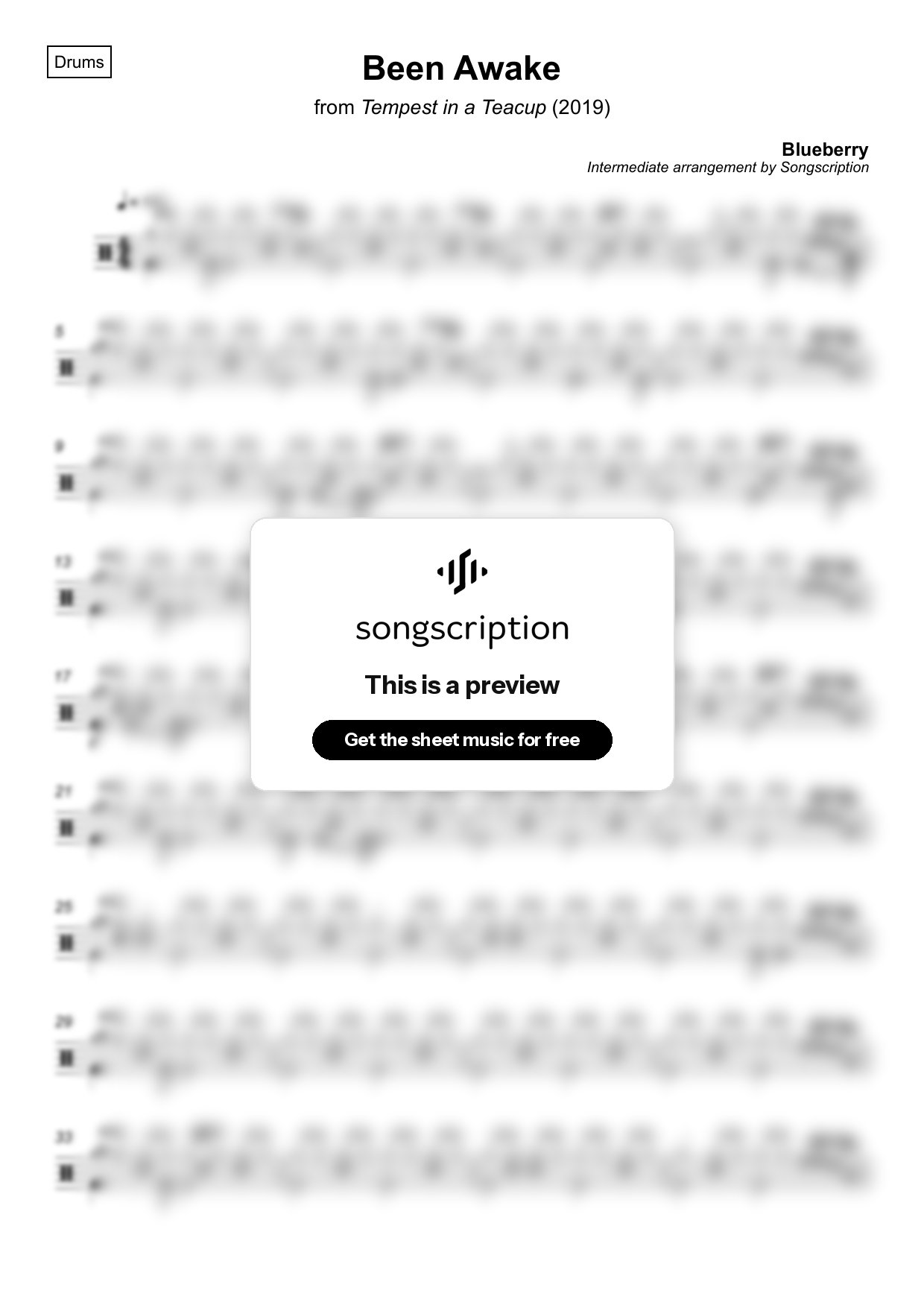 Intermediate Drums Sheet Music for "Been Awake" by Blueberry