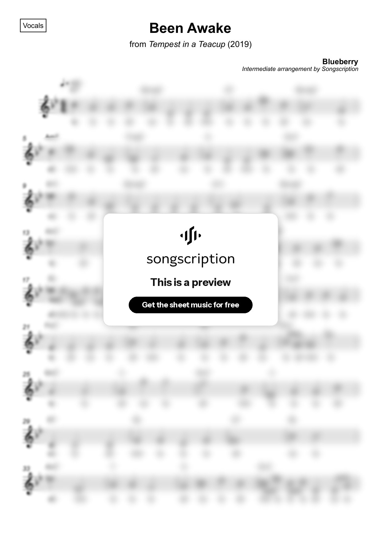 Intermediate Vocals Sheet Music for "Been Awake" by Blueberry