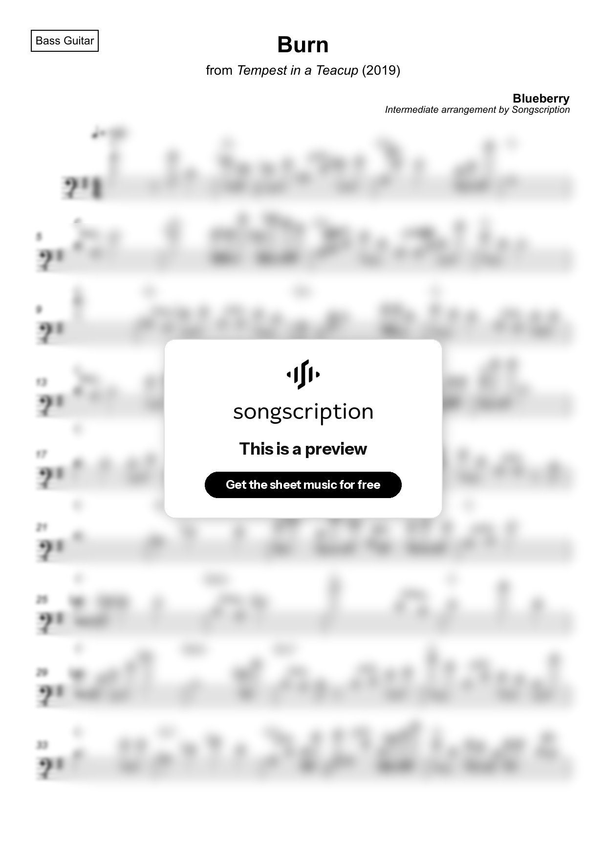 Intermediate Bass Guitar Sheet Music for "Burn" by Blueberry