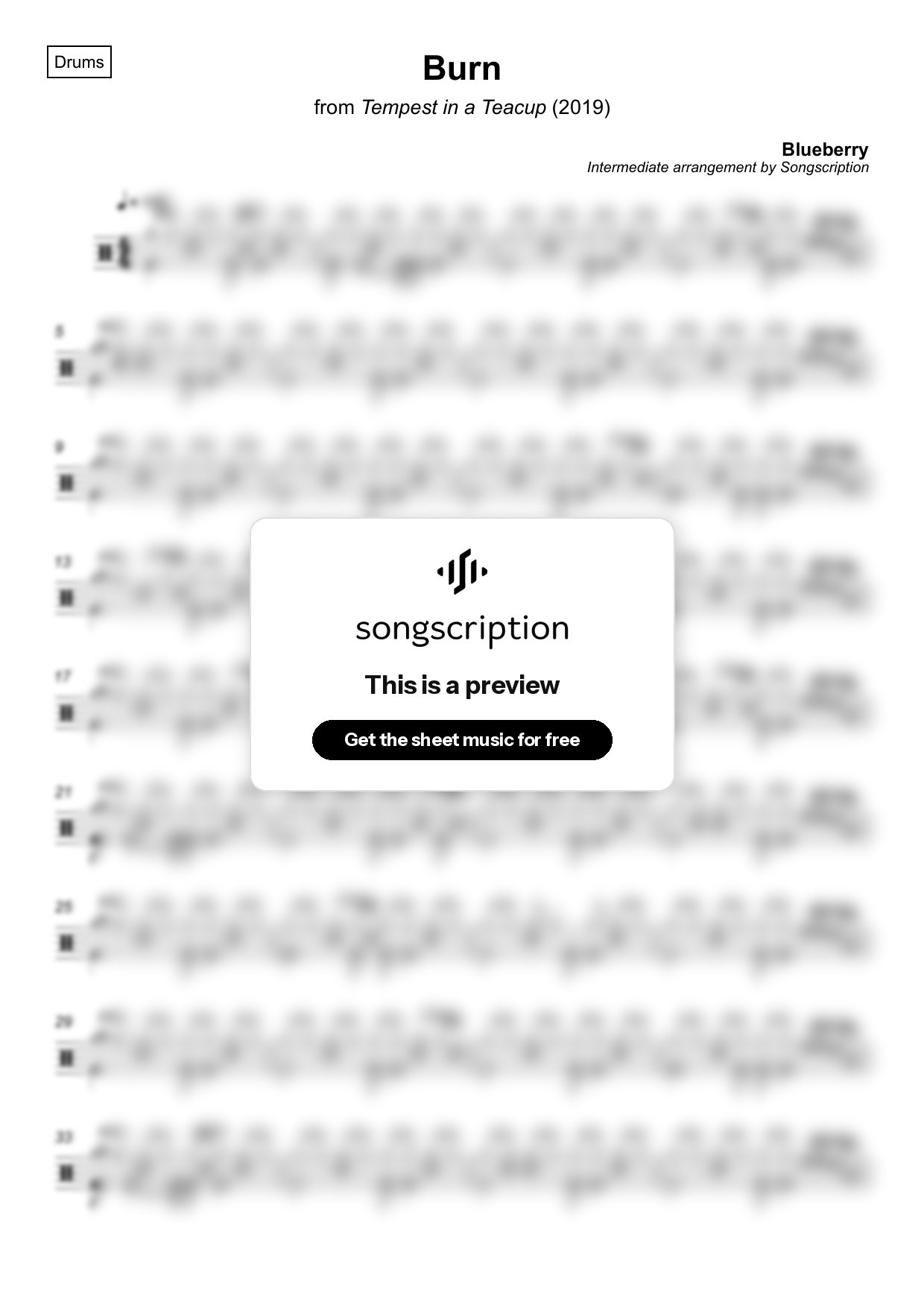 Intermediate Drums Sheet Music for "Burn" by Blueberry