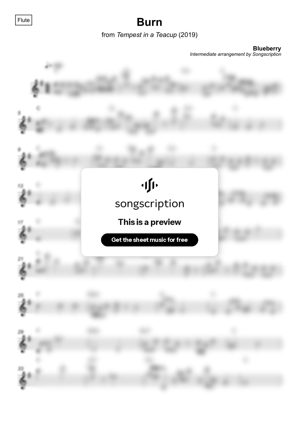 Intermediate Flute Sheet Music for "Burn" by Blueberry