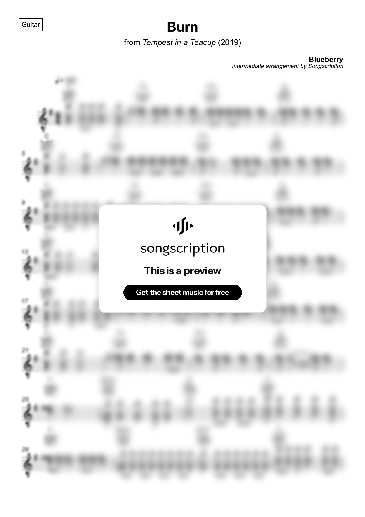 Intermediate Acoustic Guitar Sheet Music for "Burn" by Blueberry