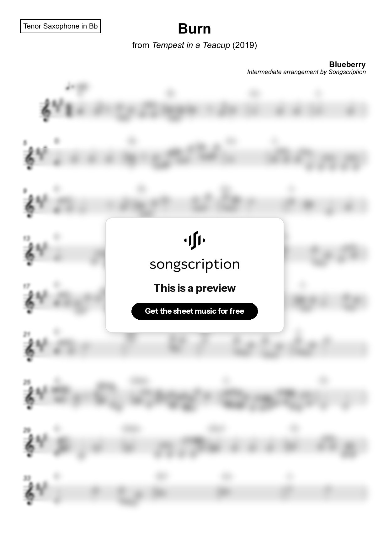 Intermediate Tenor Sax Sheet Music for "Burn" by Blueberry