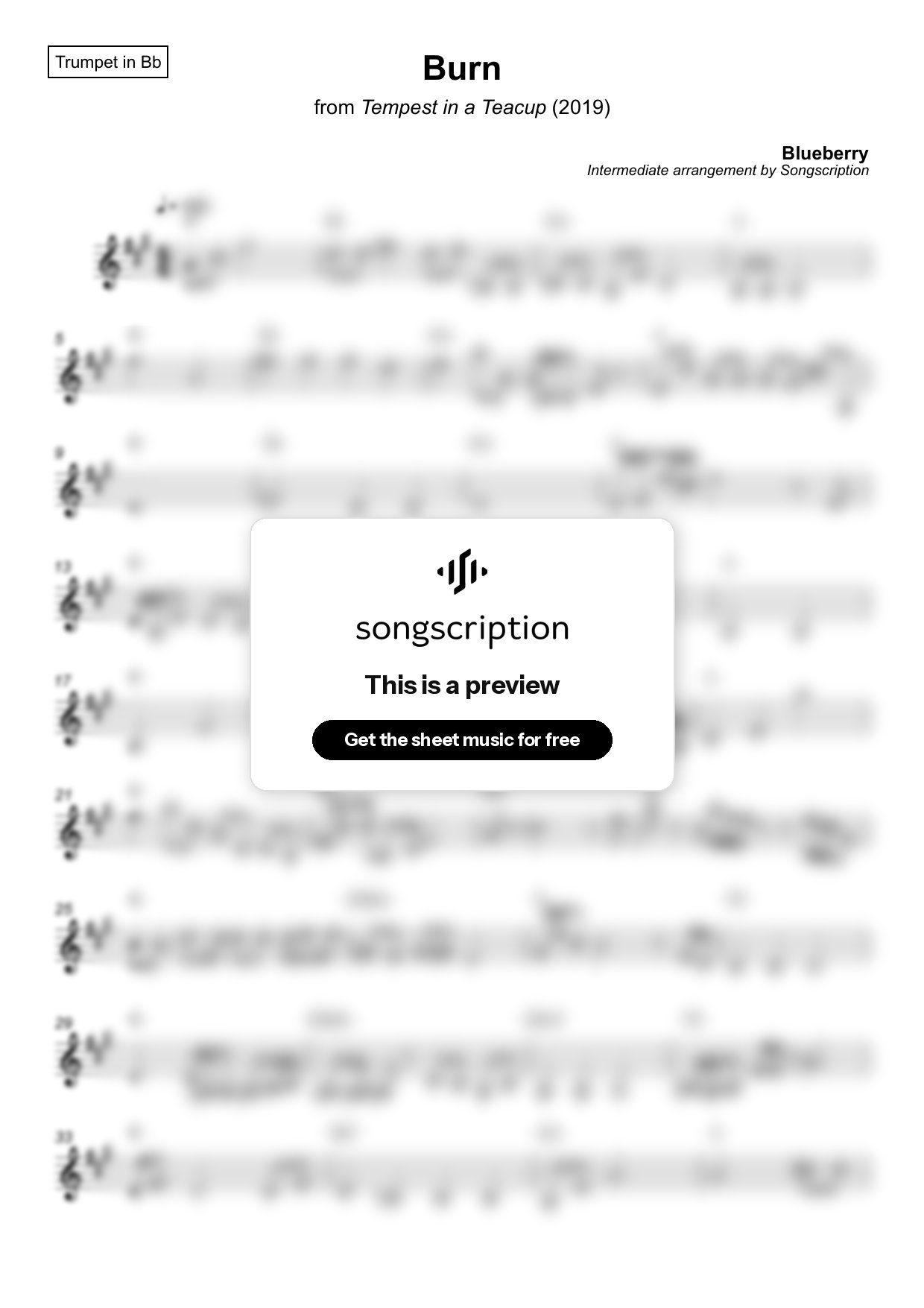 Intermediate Trumpet Sheet Music for "Burn" by Blueberry