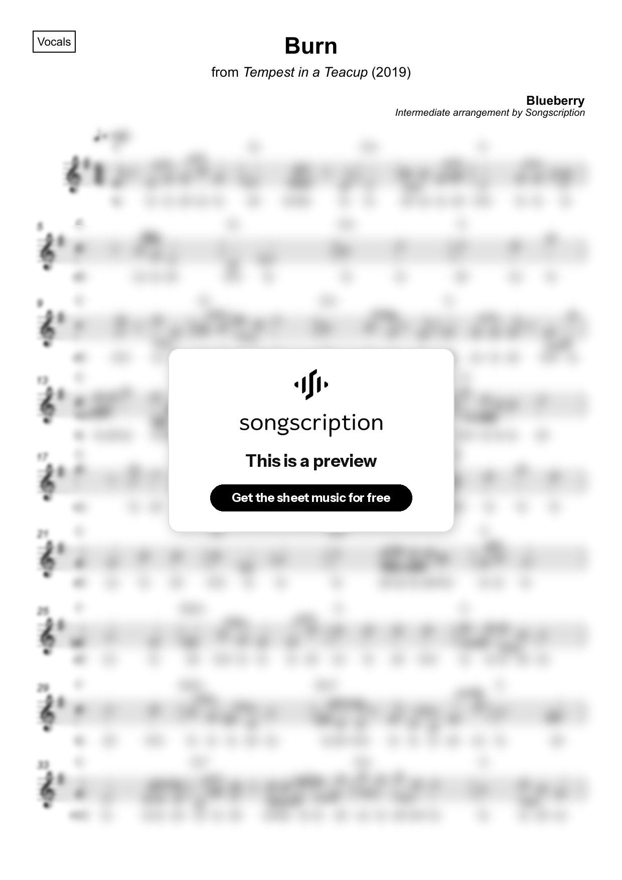 Intermediate Vocals Sheet Music for "Burn" by Blueberry