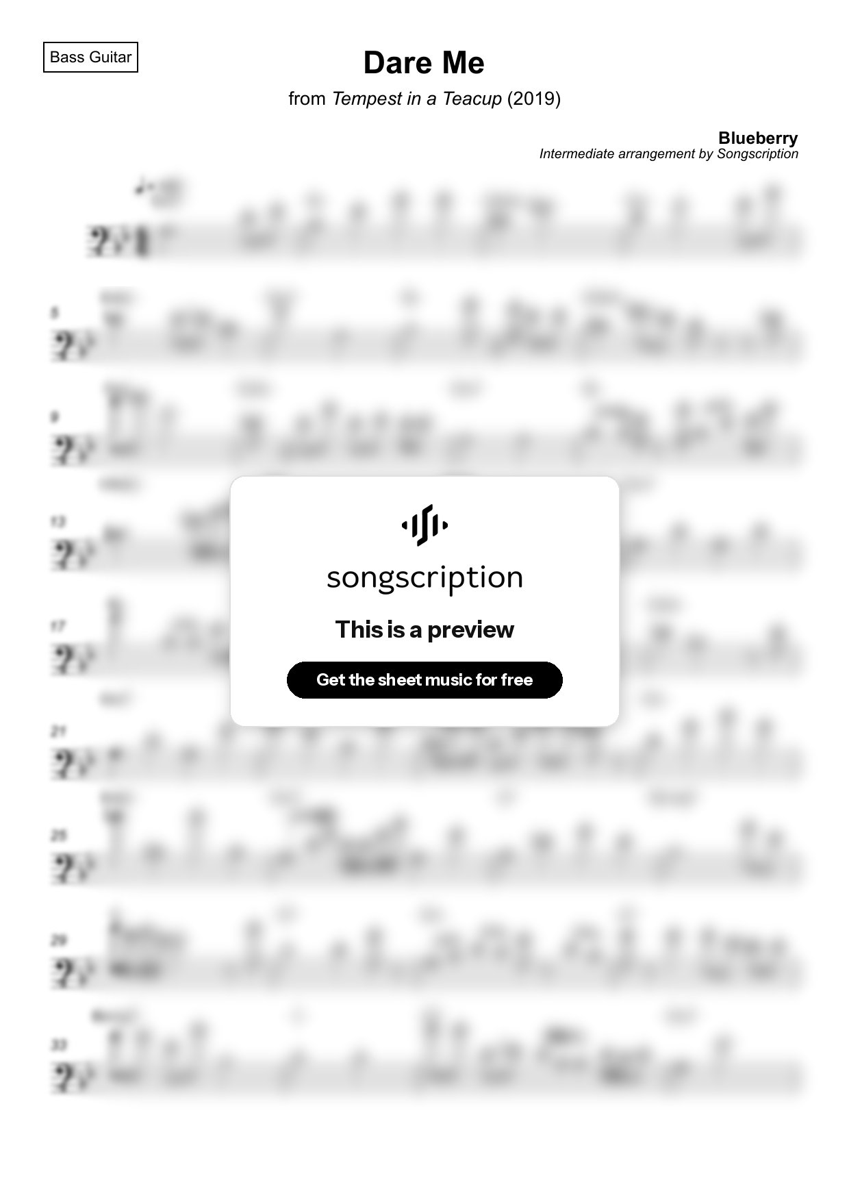 Intermediate Bass Guitar Sheet Music for "Dare Me" by Blueberry